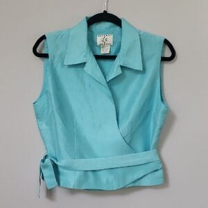 Ice Top Womens L Blue Silk Sleeveless Wrap Blouse Belted Tie Collared